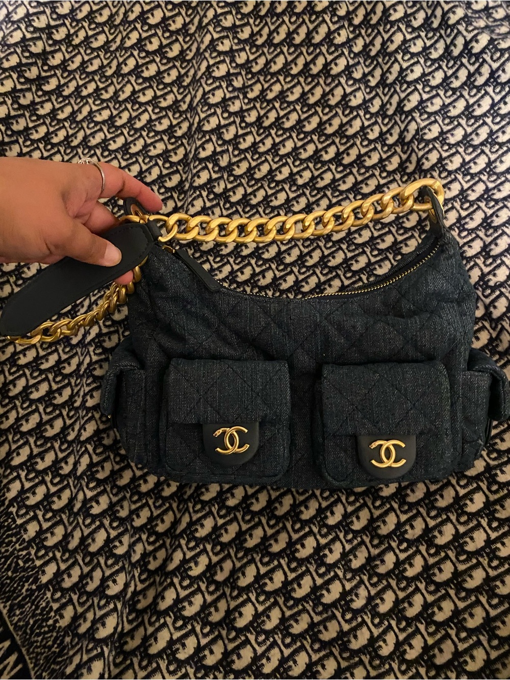 Blue Denim Quilted Shoulder Bag with Gold Chain